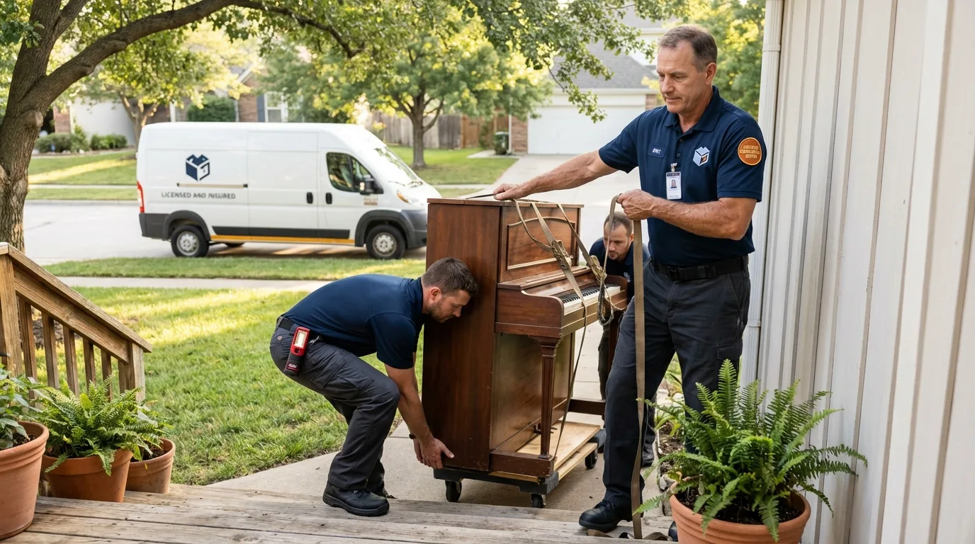 Licensed piano movers securing grand piano in Oradell, NJ